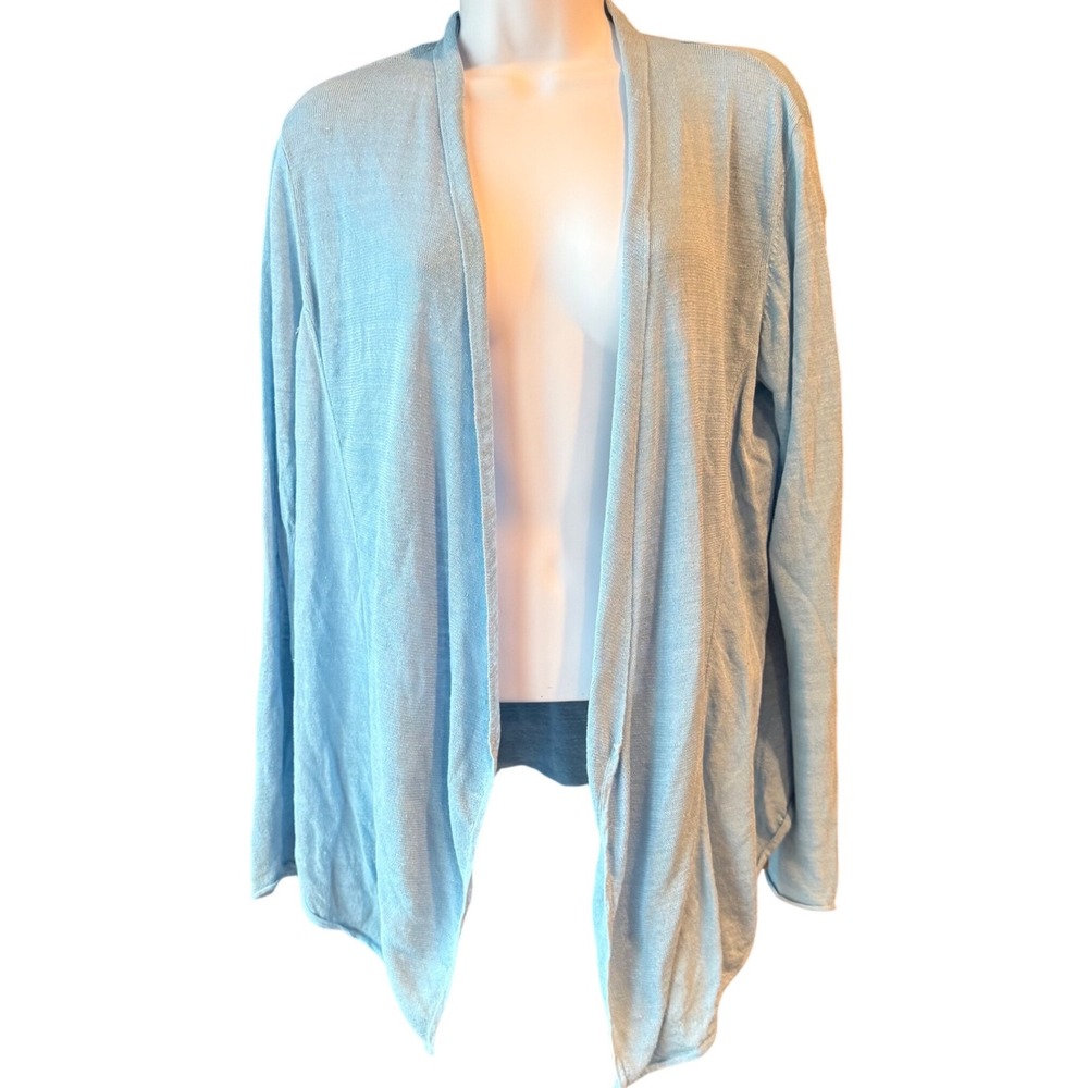 Eileen Fisher Linen Open Front Cardigan Blue Lightweight Draped Size Medium